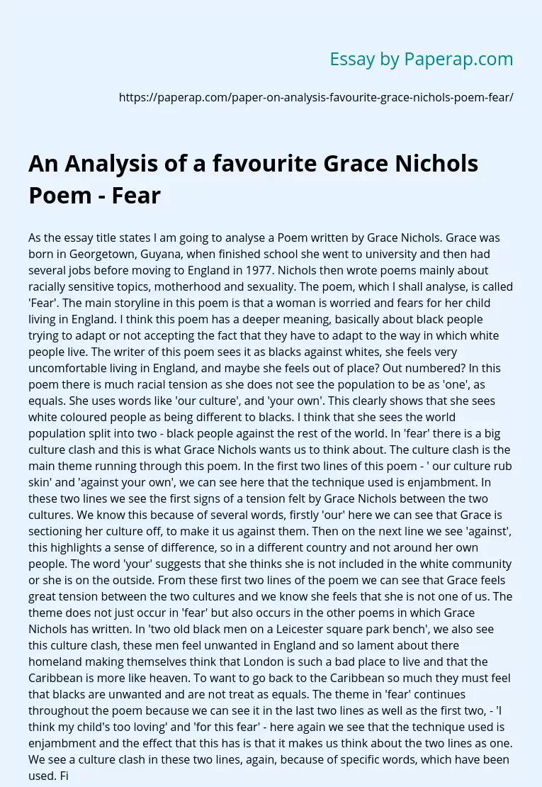 An Analysis of a favourite Grace Nichols Poem - Fear