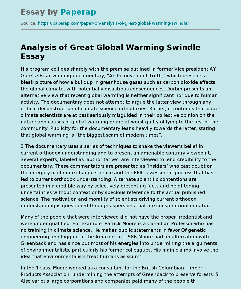 Analysis of Great Global Warming Swindle