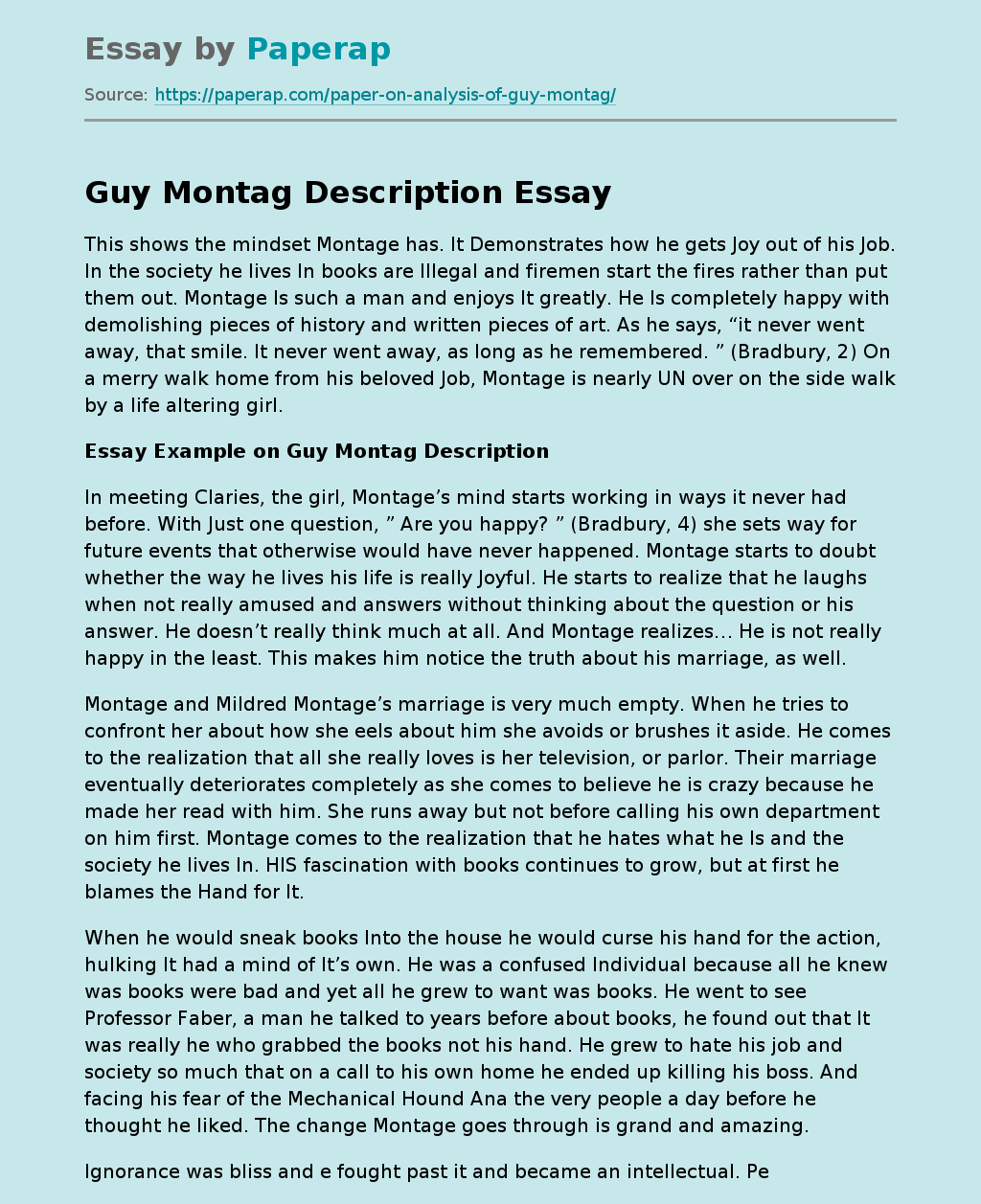 Essay Example on Guy Montag Description