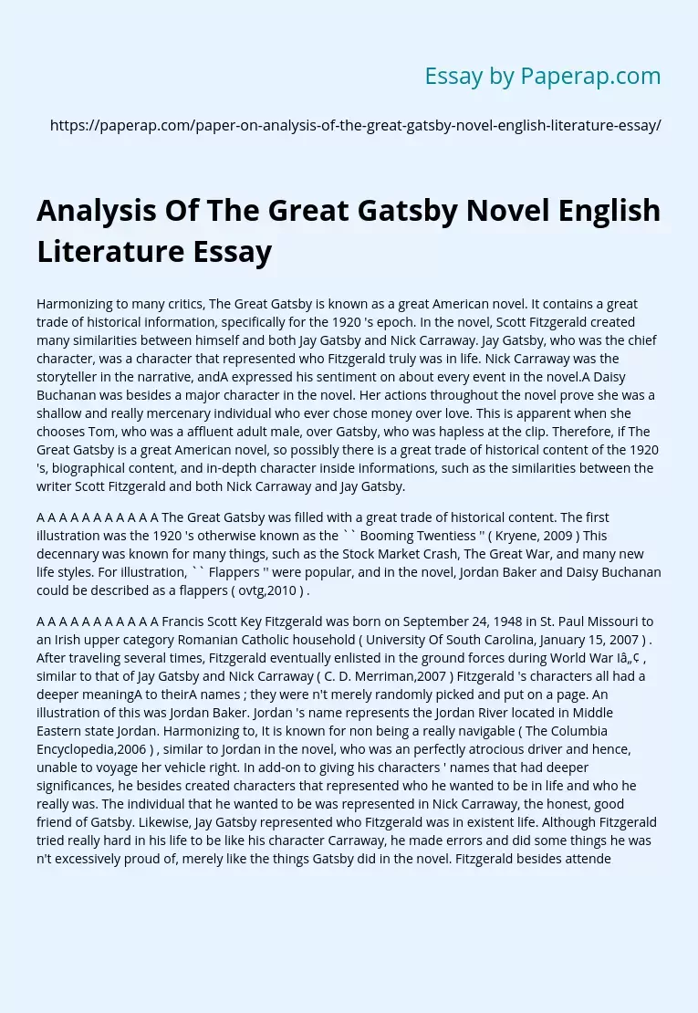 Analysis Of The Great Gatsby Novel English Literature Essay