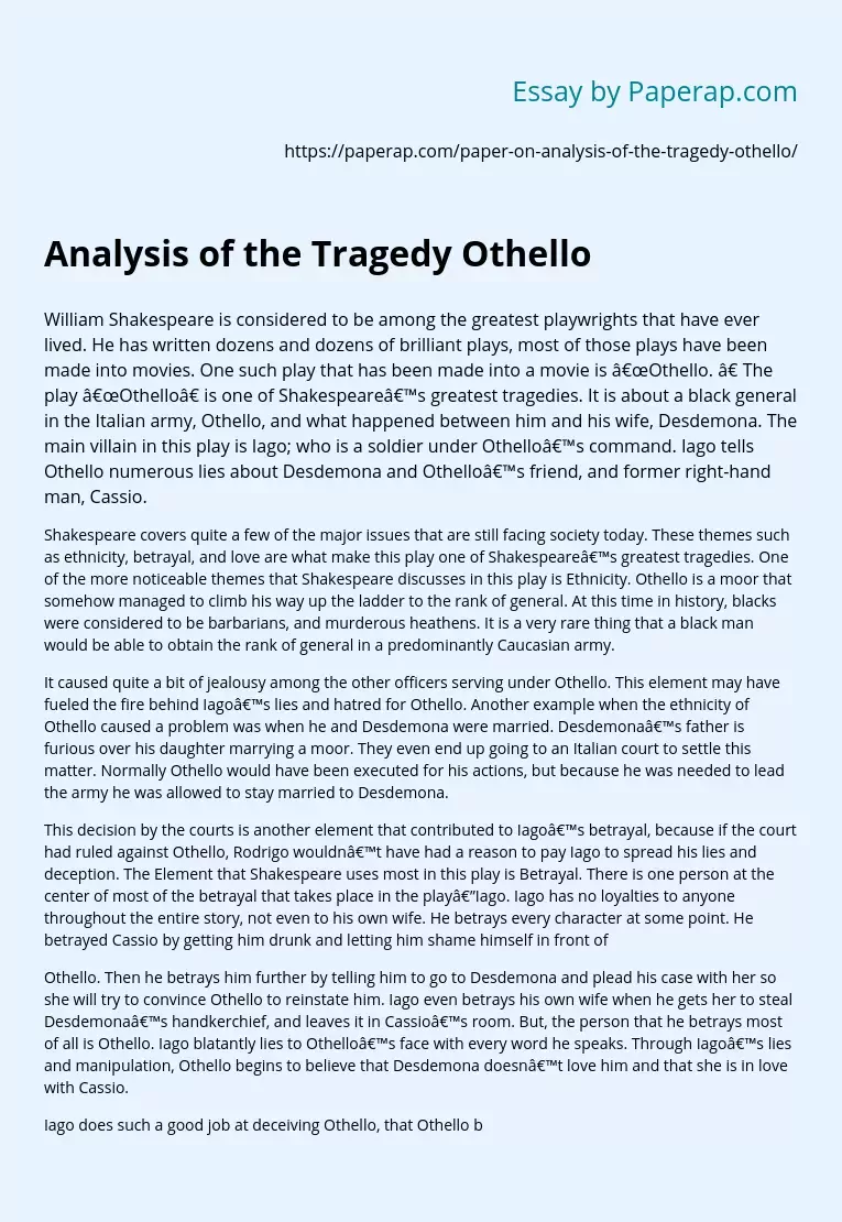 Analysis of the Tragedy Othello