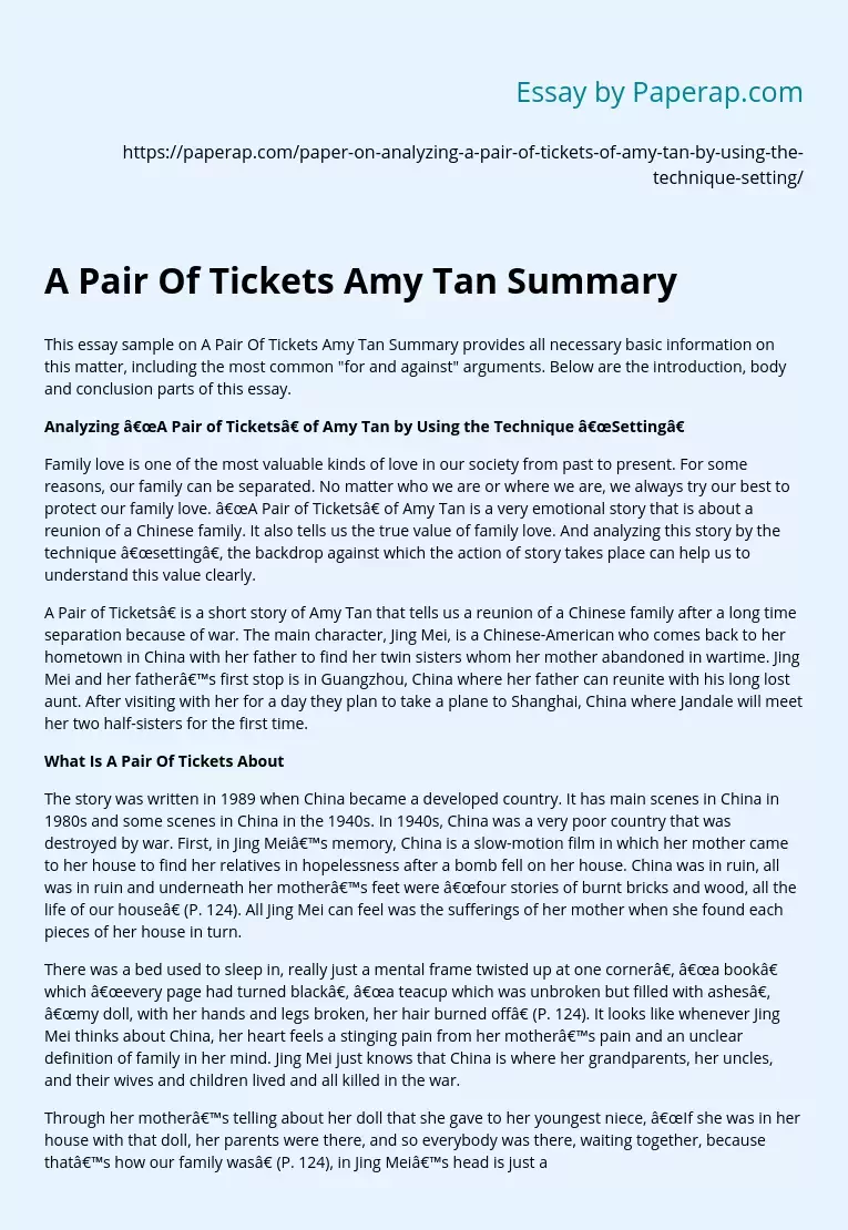 A Pair Of Tickets Amy Tan Summary
