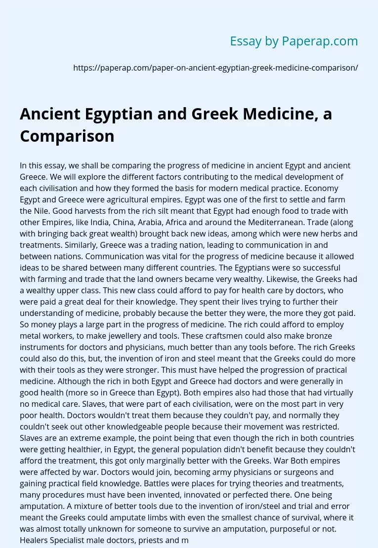 Ancient Egyptian and Greek Medicine, a Comparison