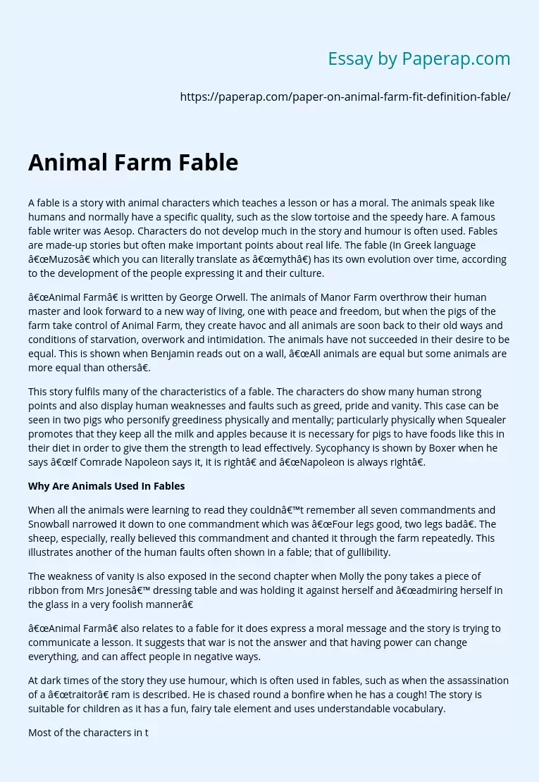 Does Animal Farm Fit Fable Definition