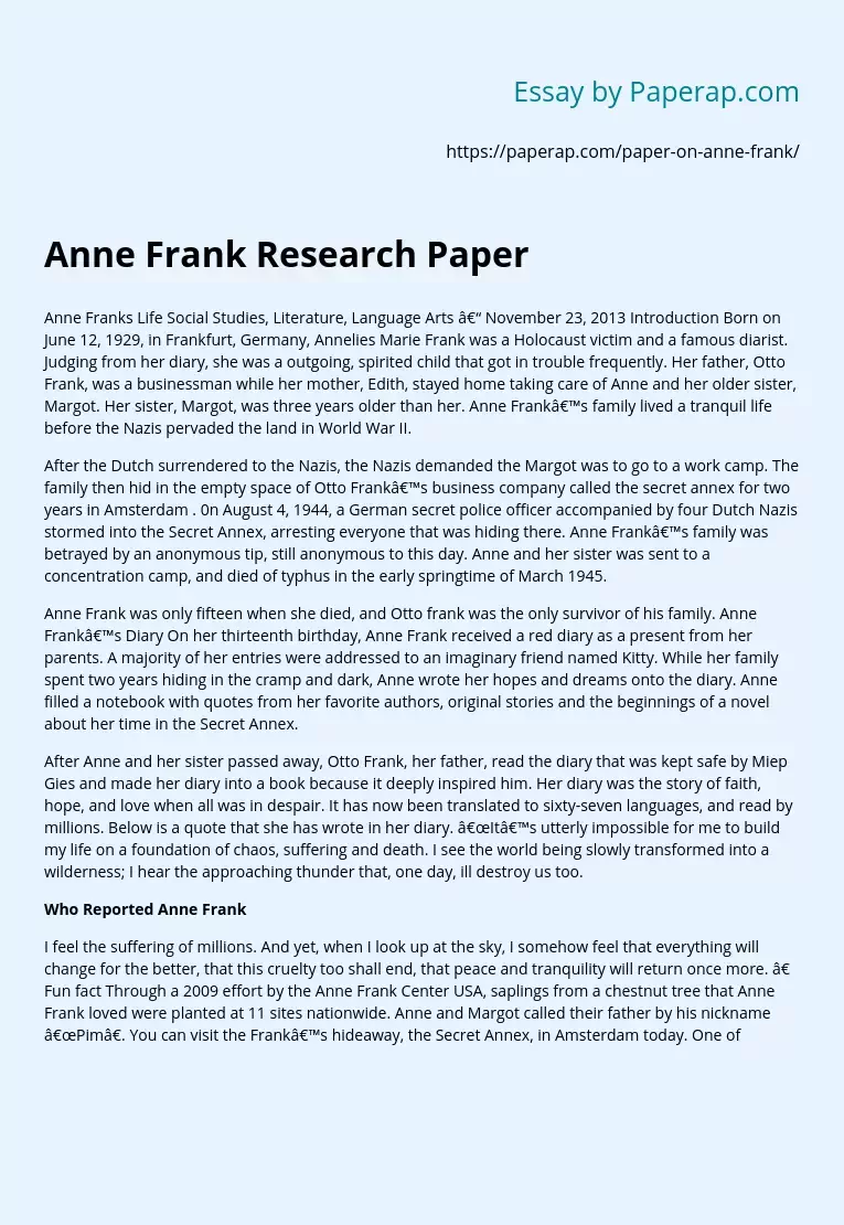 Anne Frank Research Paper Example