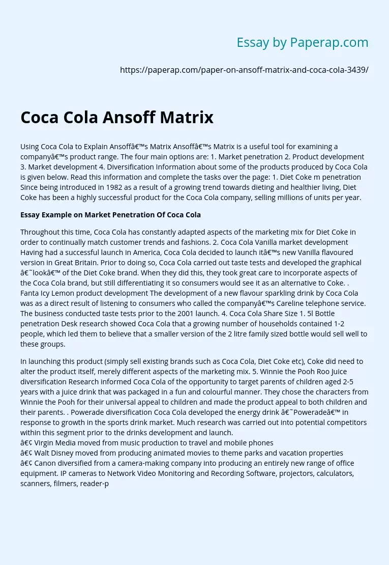 Coca Cola Ansoff Matrix