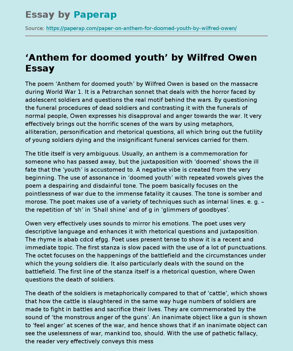 ‘Anthem for doomed youth’ by Wilfred Owen