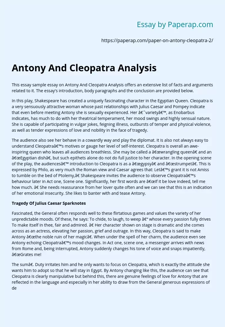 Реферат: Antony And Cleopatra Essay Research Paper Love
