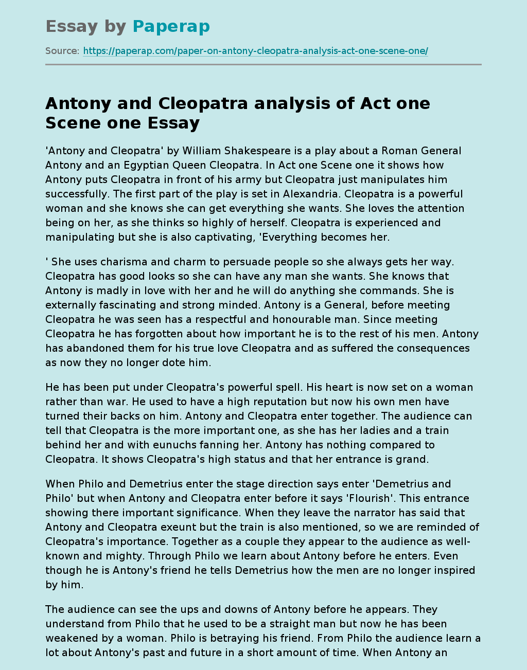 Antony and Cleopatra analysis of Act one Scene one