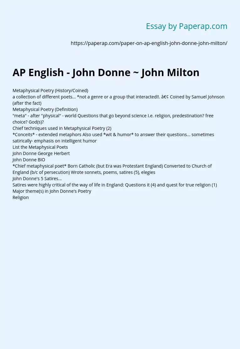AP English - John Donne ~ John Milton