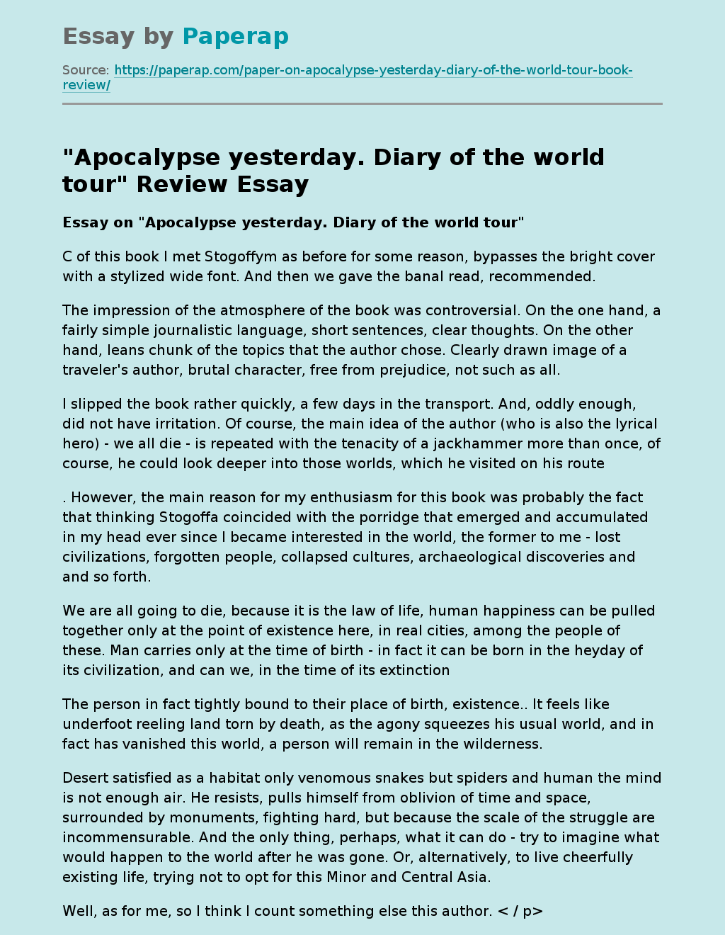 "Apocalypse yesterday. Diary of the world tour" Review