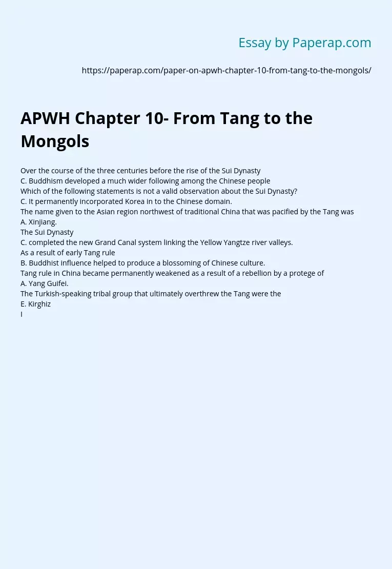 APWH Chapter 10- From Tang to the Mongols