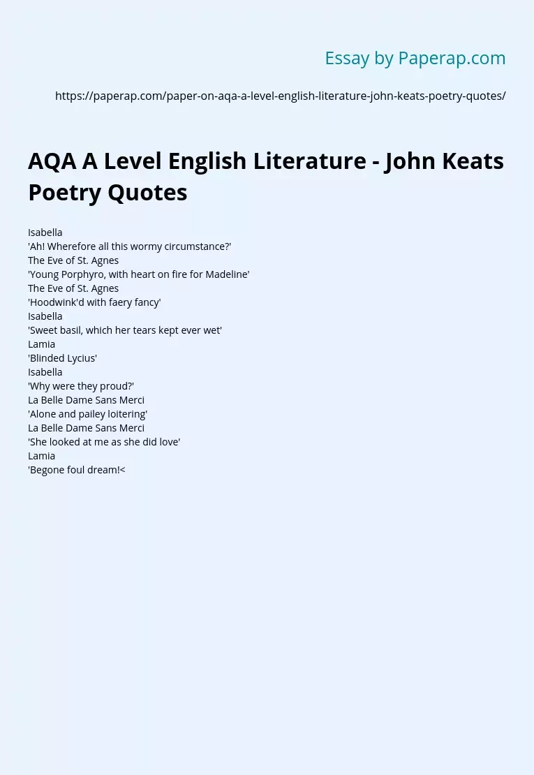 AQA A Level English Literature - John Keats Poetry Quotes