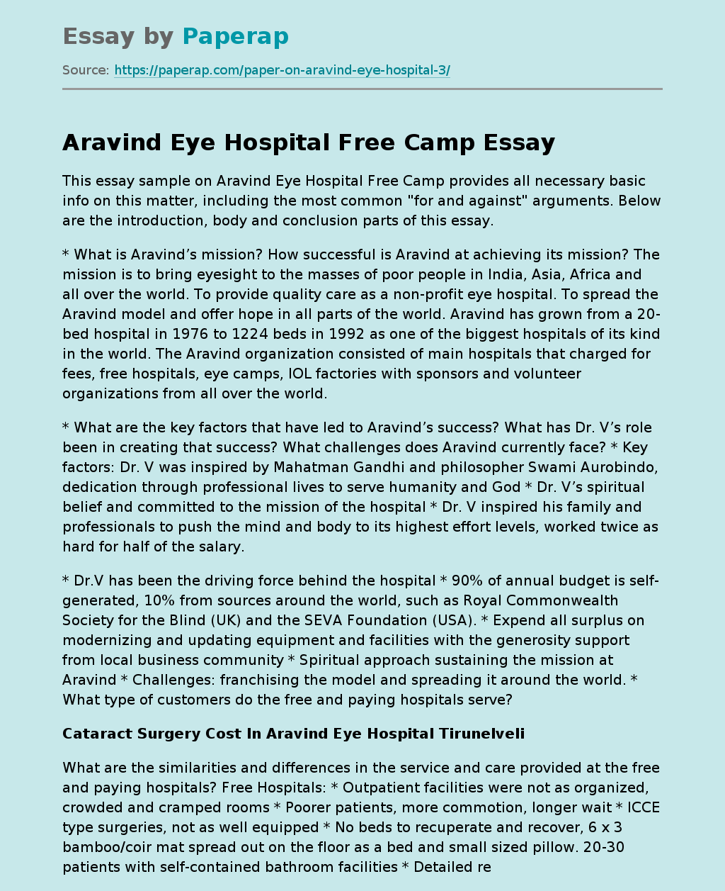 Aravind Eye Hospital Free Camp