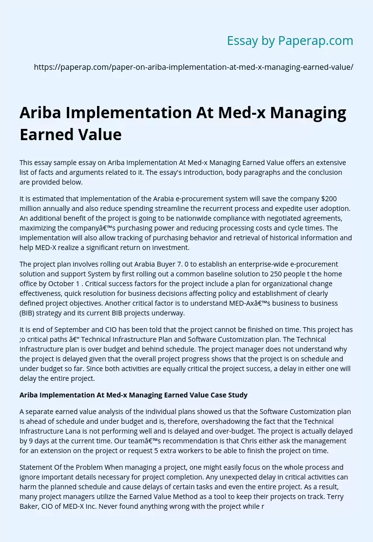 Ariba Implementation At Med-x Managing Earned Value