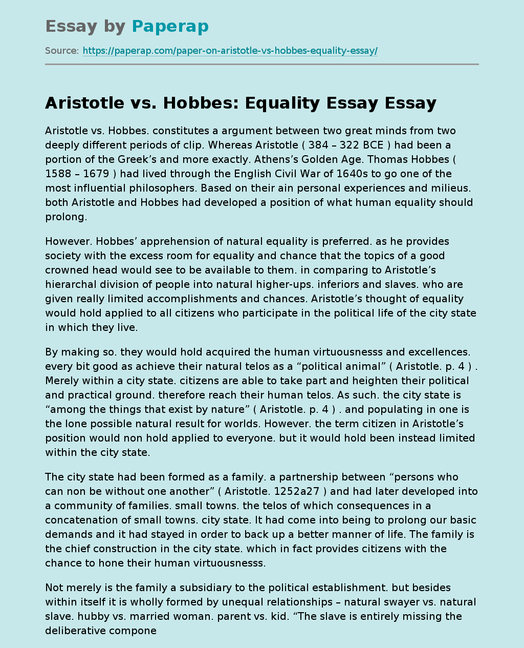 Aristotle vs. Hobbes: Equality Essay