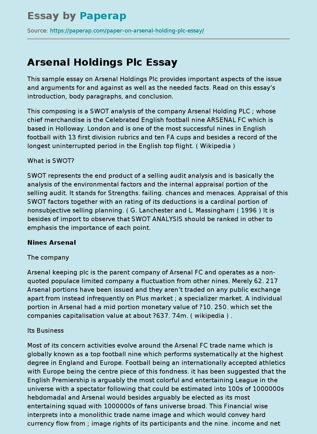 Sample Essay on Arsenal Holdings Plc