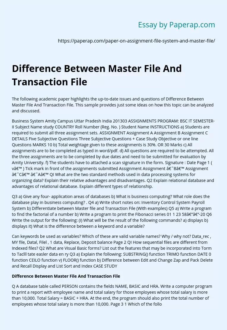 Difference Between Master File And Transaction File