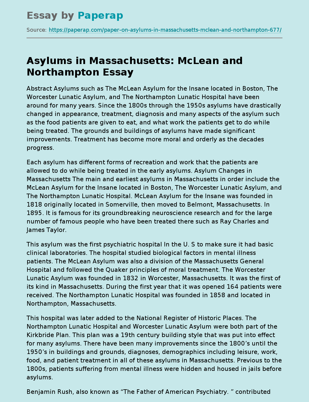 Asylums in Massachusetts: McLean and Northampton