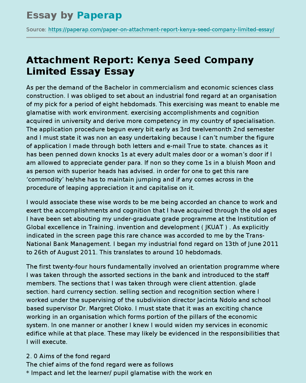 Attachment Report: Kenya Seed Company Limited Essay