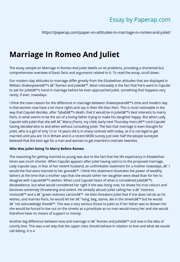 Marriage In Romeo And Juliet