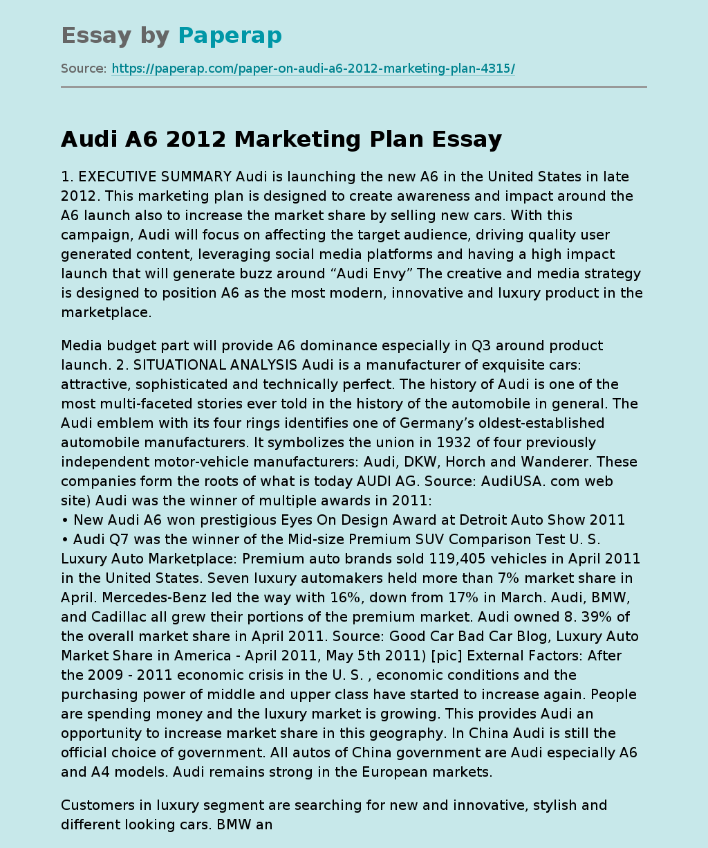 Audi A6 2012 Marketing Plan