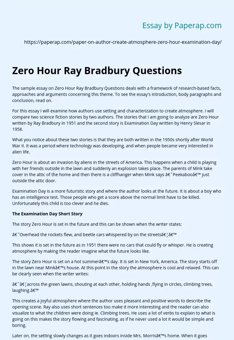 Zero Hour Ray Bradbury Questions