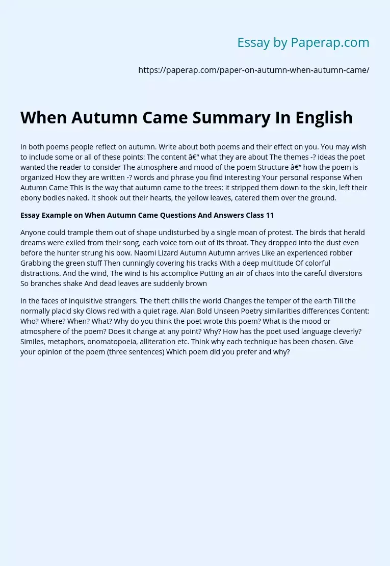 When Autumn Came Summary In English