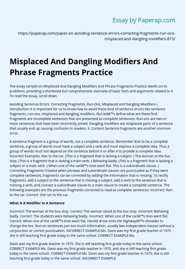 Misplaced And Dangling Modifiers And Phrase Fragments Practice
