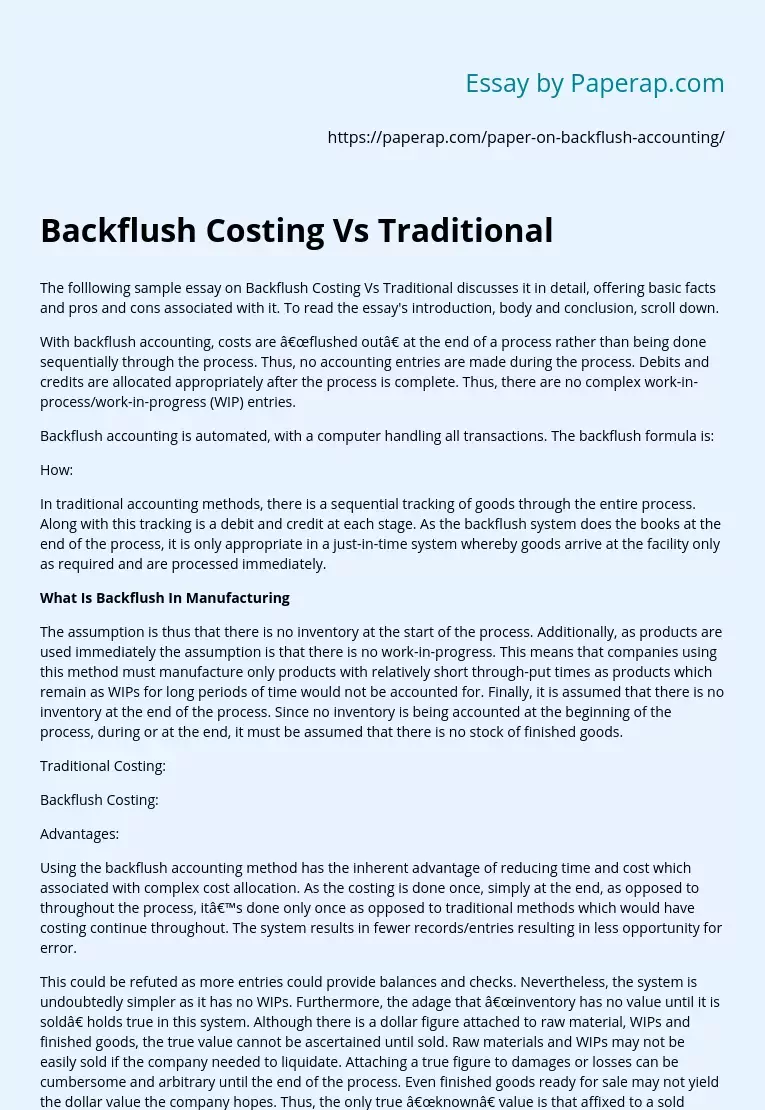 Backflush Costing Vs Traditional