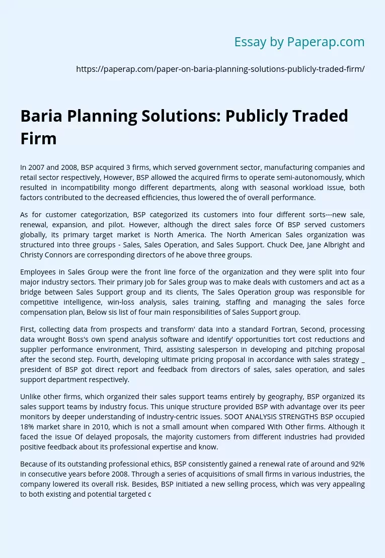 Baria Planning Solutions: Publicly Traded Firm