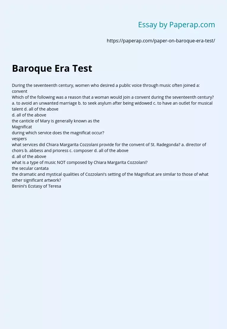 Baroque Era Questions and Answers  Test