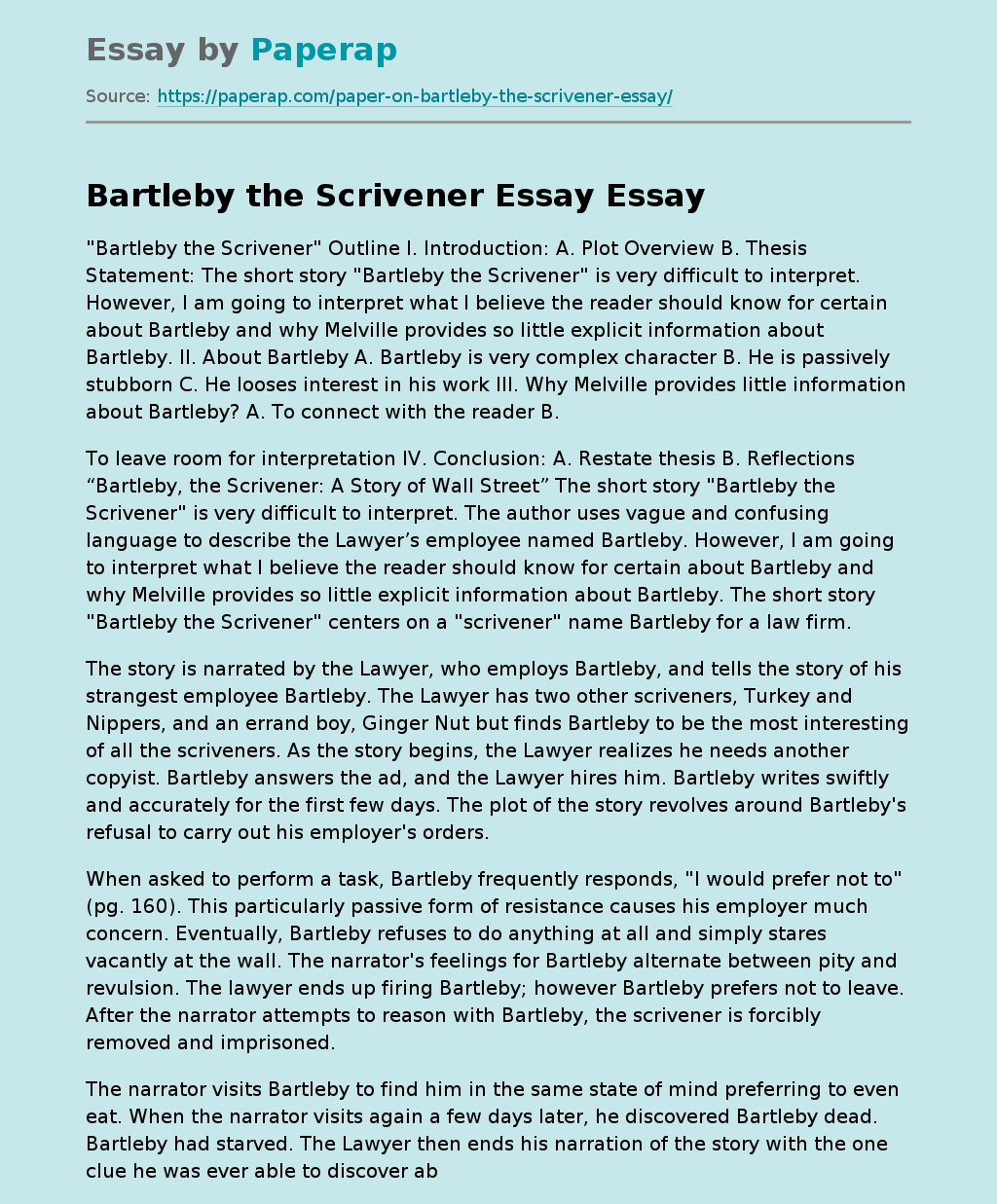 Bartleby the Scrivener Essay
