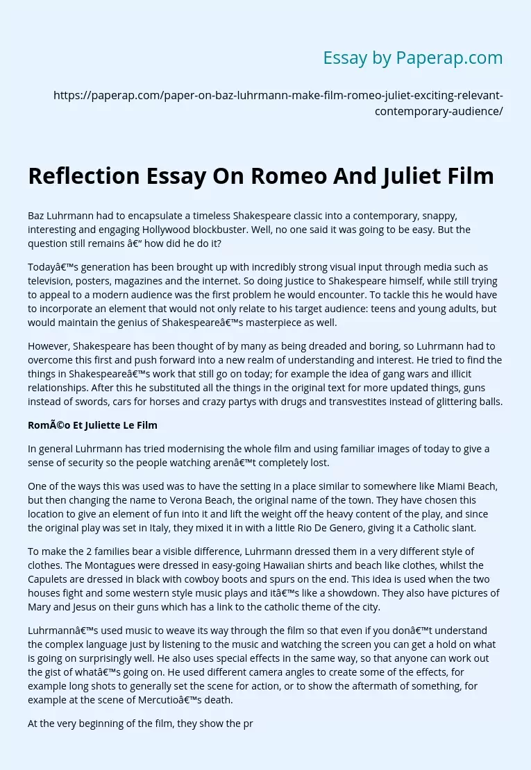 Reflection Essay On Romeo And Juliet Film