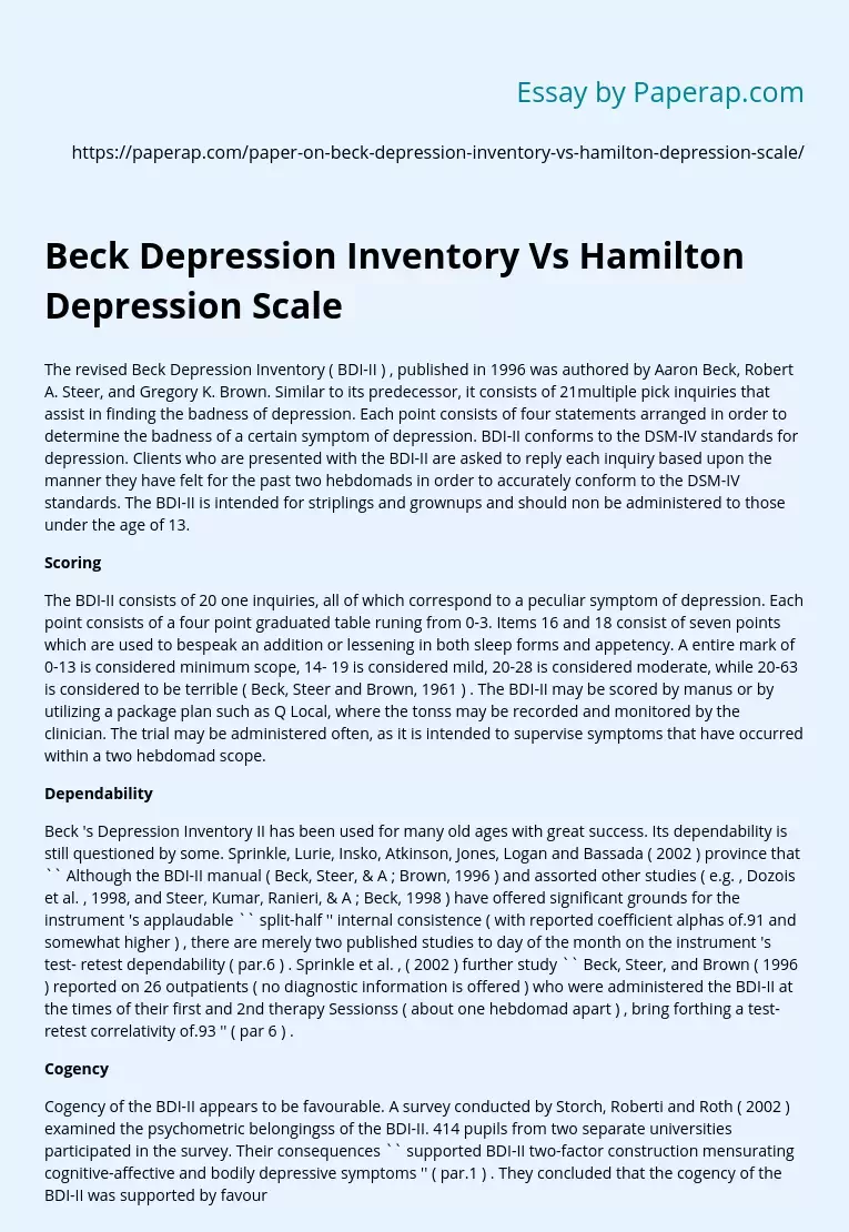 Beck Depression Inventory Vs Hamilton Depression Scale