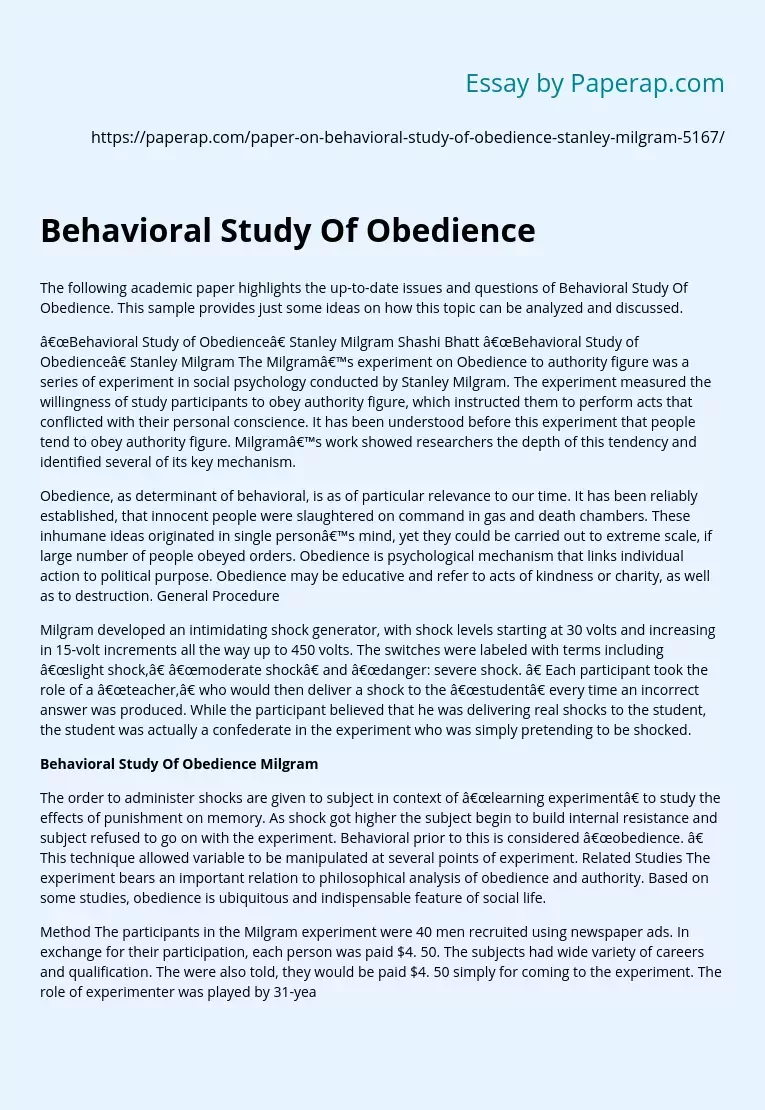 Behavioral Study Of Obedience