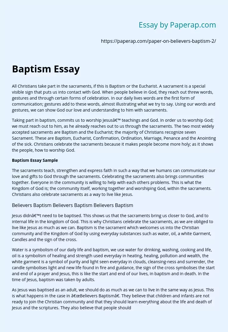 Role of Baptism in Life of Belivers Essay