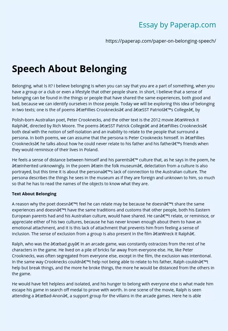 Speech About Belonging
