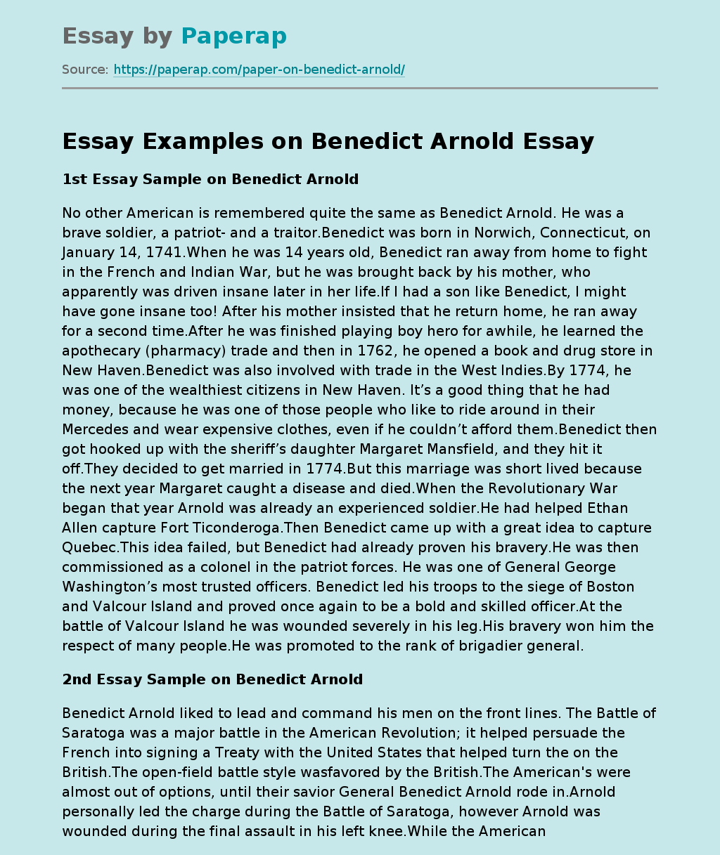 Essay Examples on Benedict Arnold