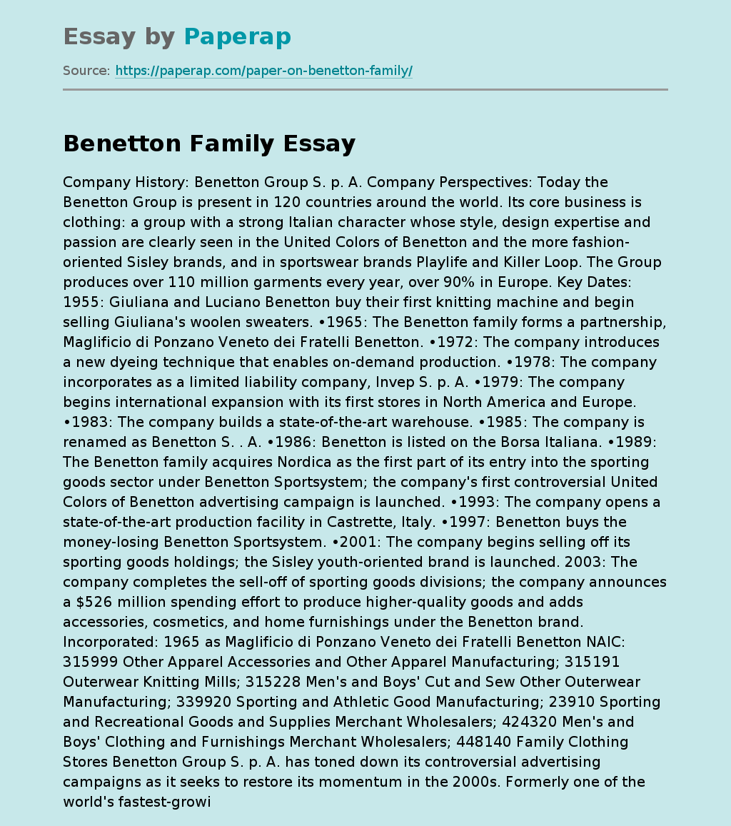 Company History: Benetton Group S. p. A.