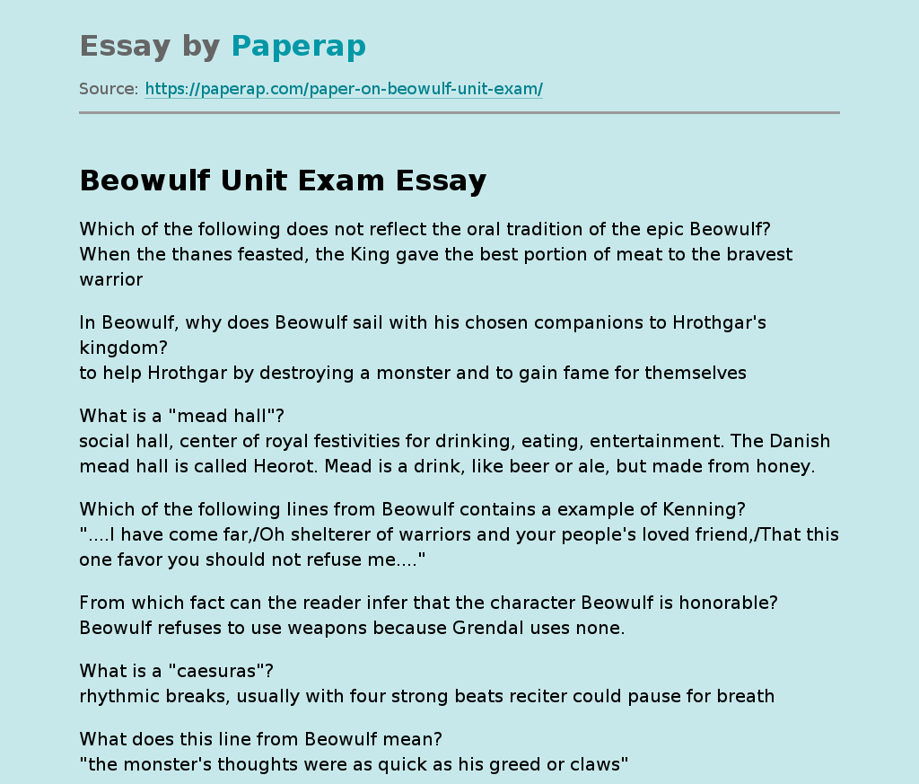 Beowulf Unit Exam