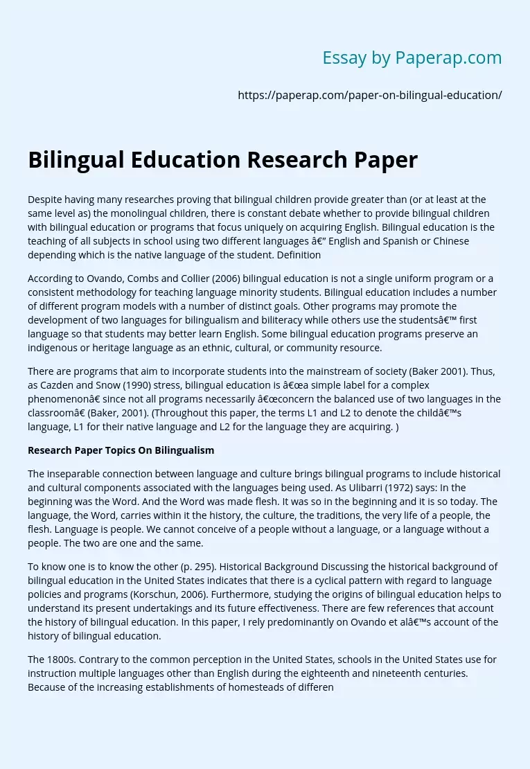 Реферат: Bilingual Education Essay Research Paper Bilingual EducationThe