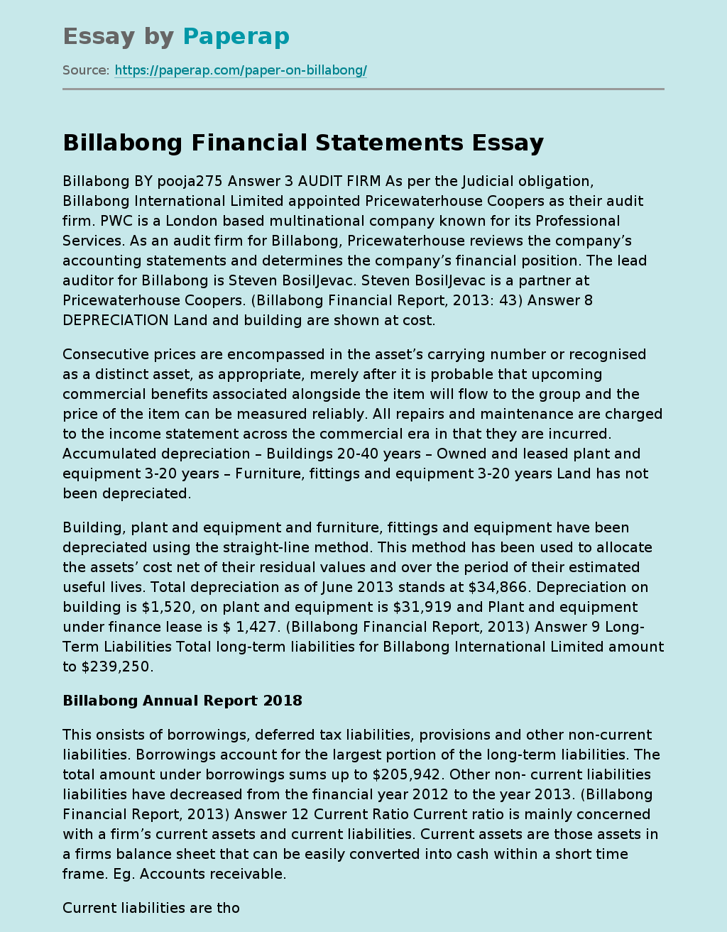Billabong Financial Statements