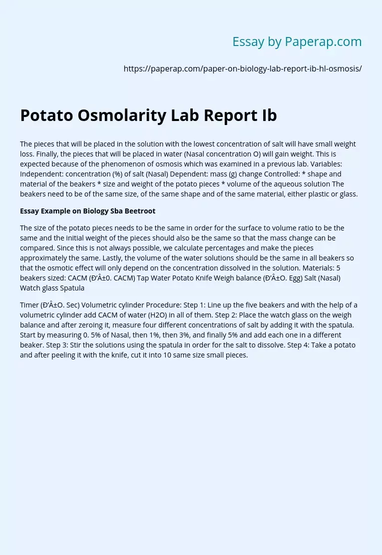 Potato Osmolarity Lab Report Ib