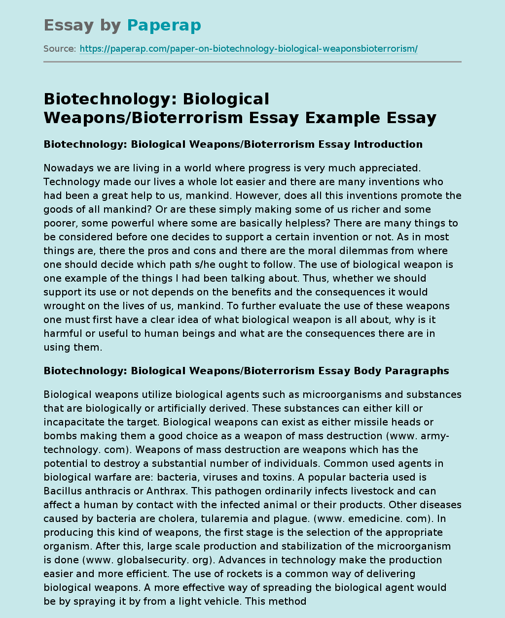 Biotechnology: Biological Weapons/Bioterrorism