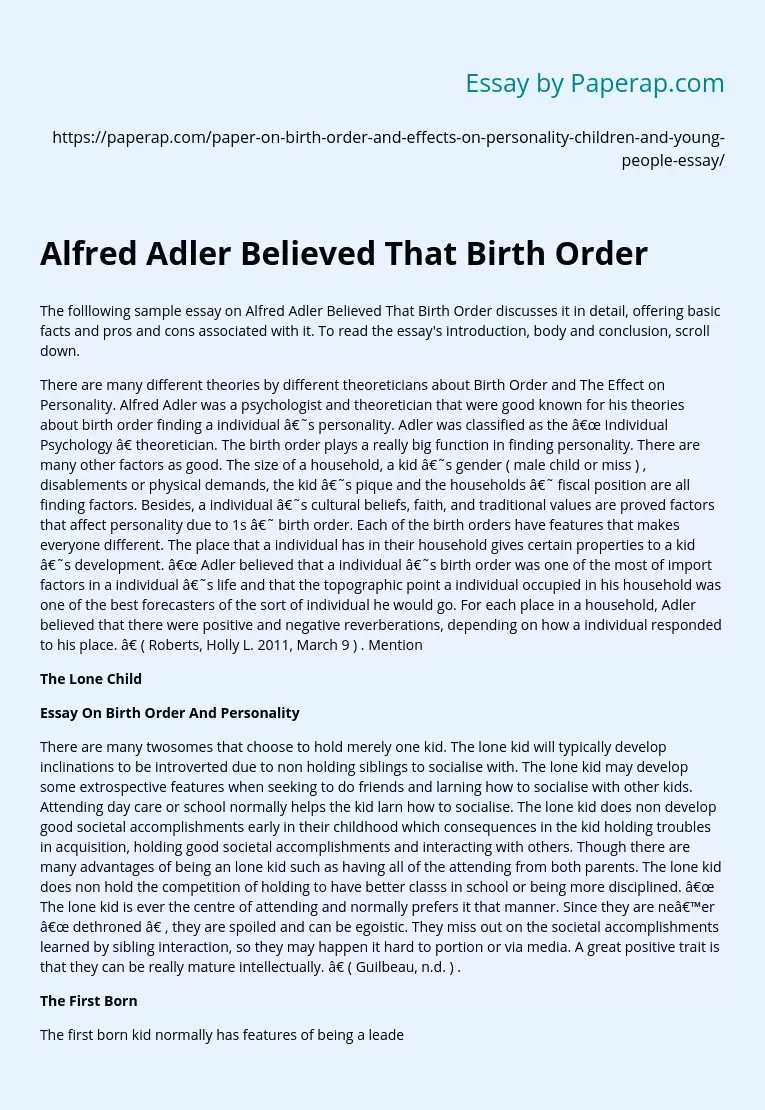 Alfred Adler Believed That Birth Order