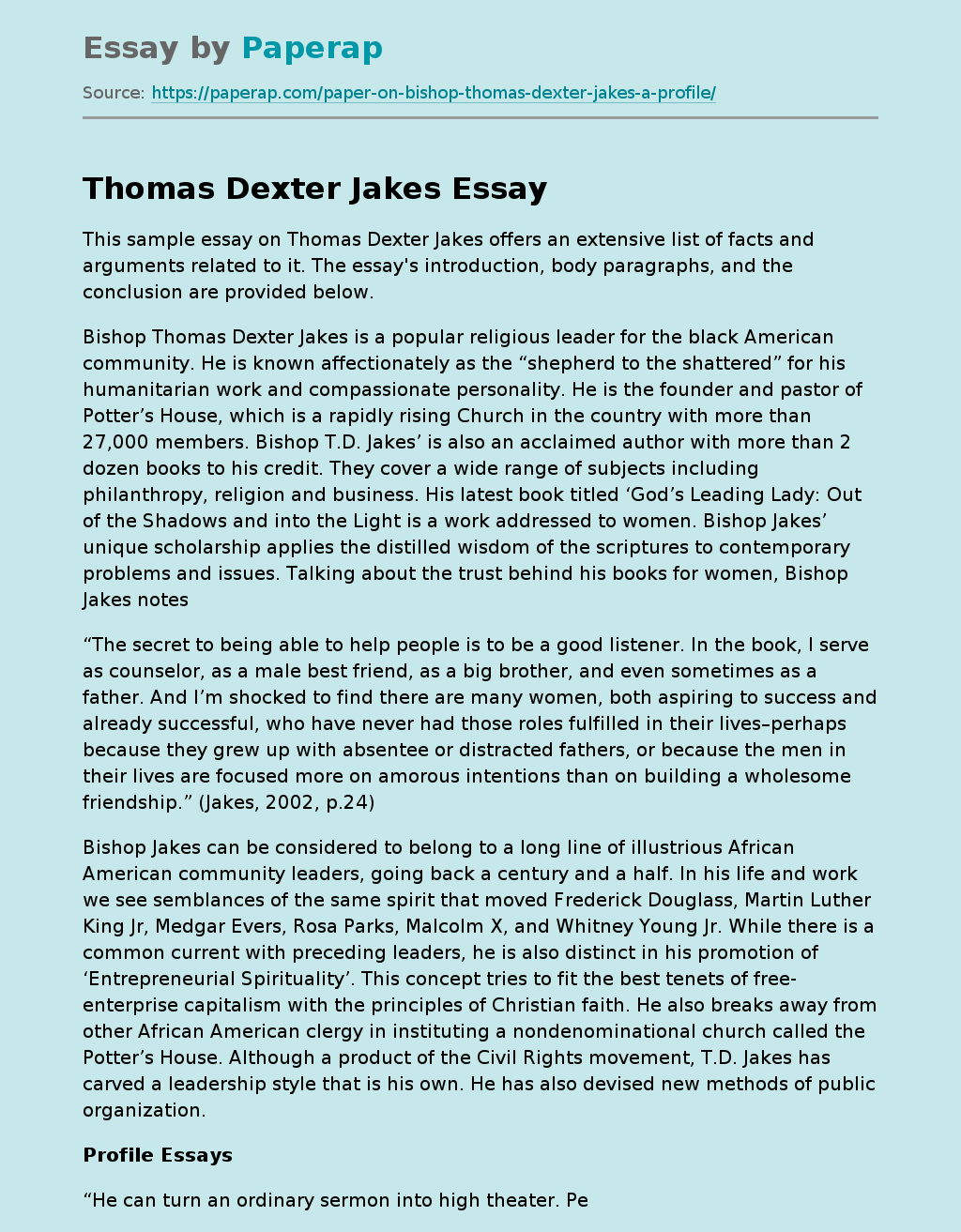Sample Essay on Thomas Dexter Jakes