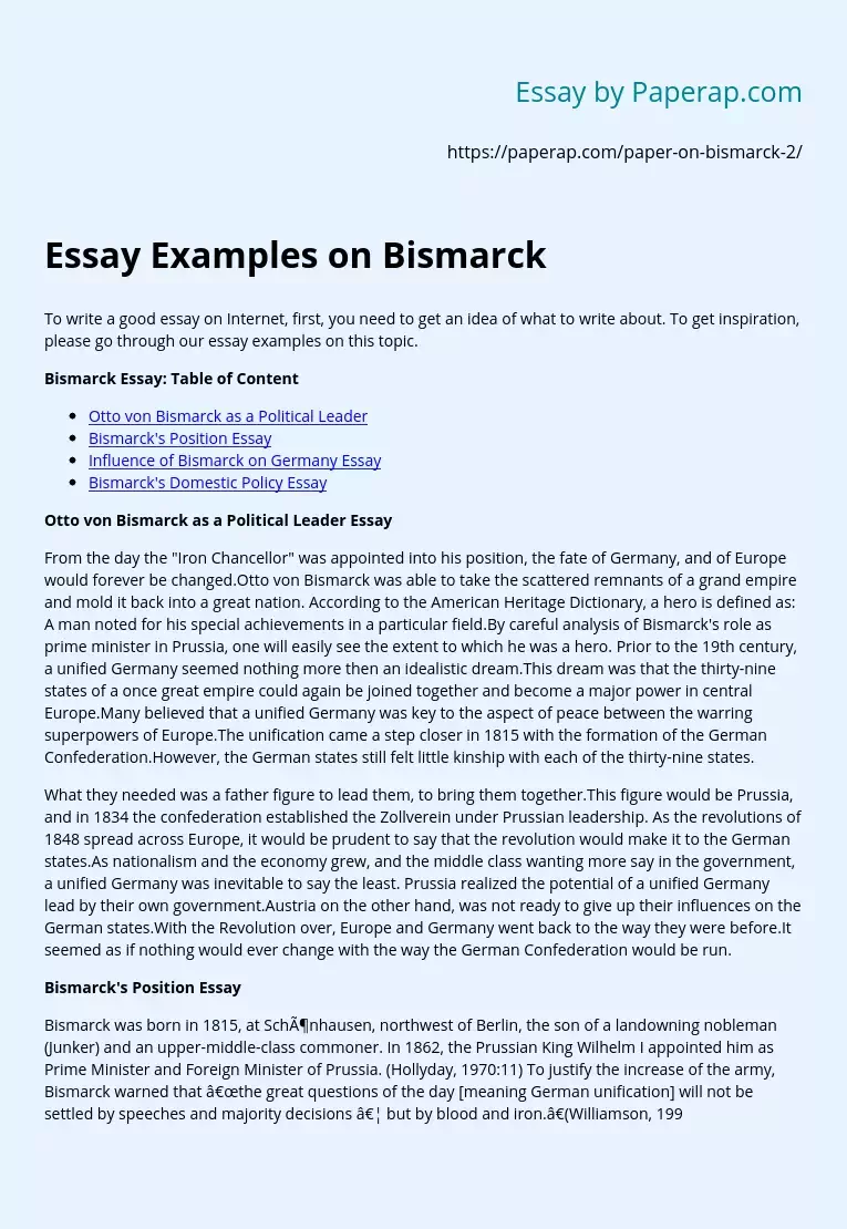 Реферат: Otto Von Bismarck And His Policies Essay