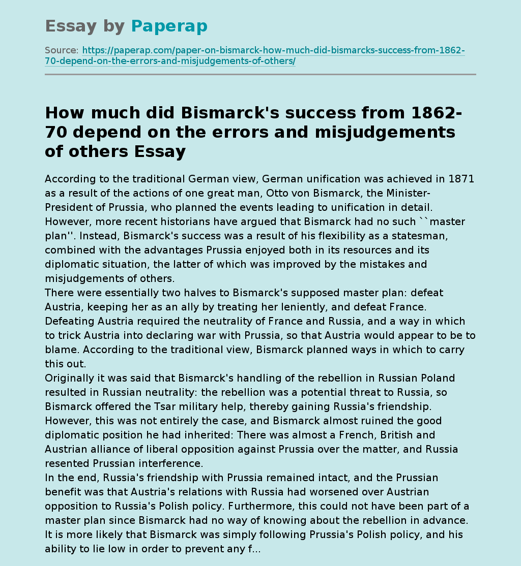 Bismarck's Success & Others' Misjudgements