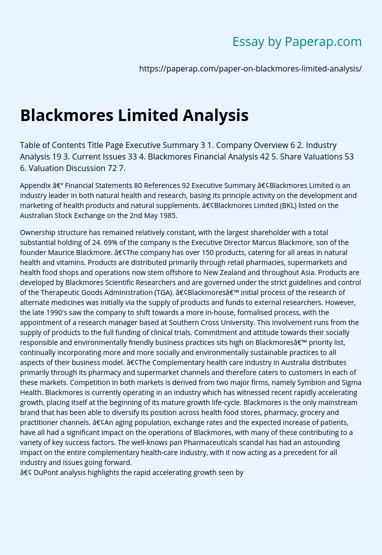Blackmores Limited Analysis
